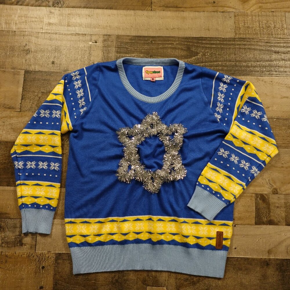Tipsy Elves Hanukkah‎ holiday sweater women's large blue yellow acrylic
